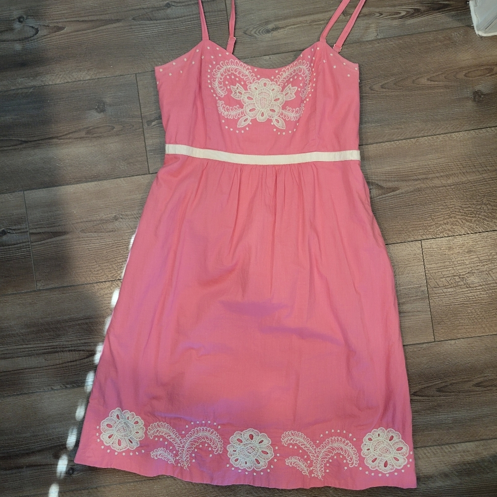 Anthropologie Moulinette Soeurs pink sun dress with white embroidery